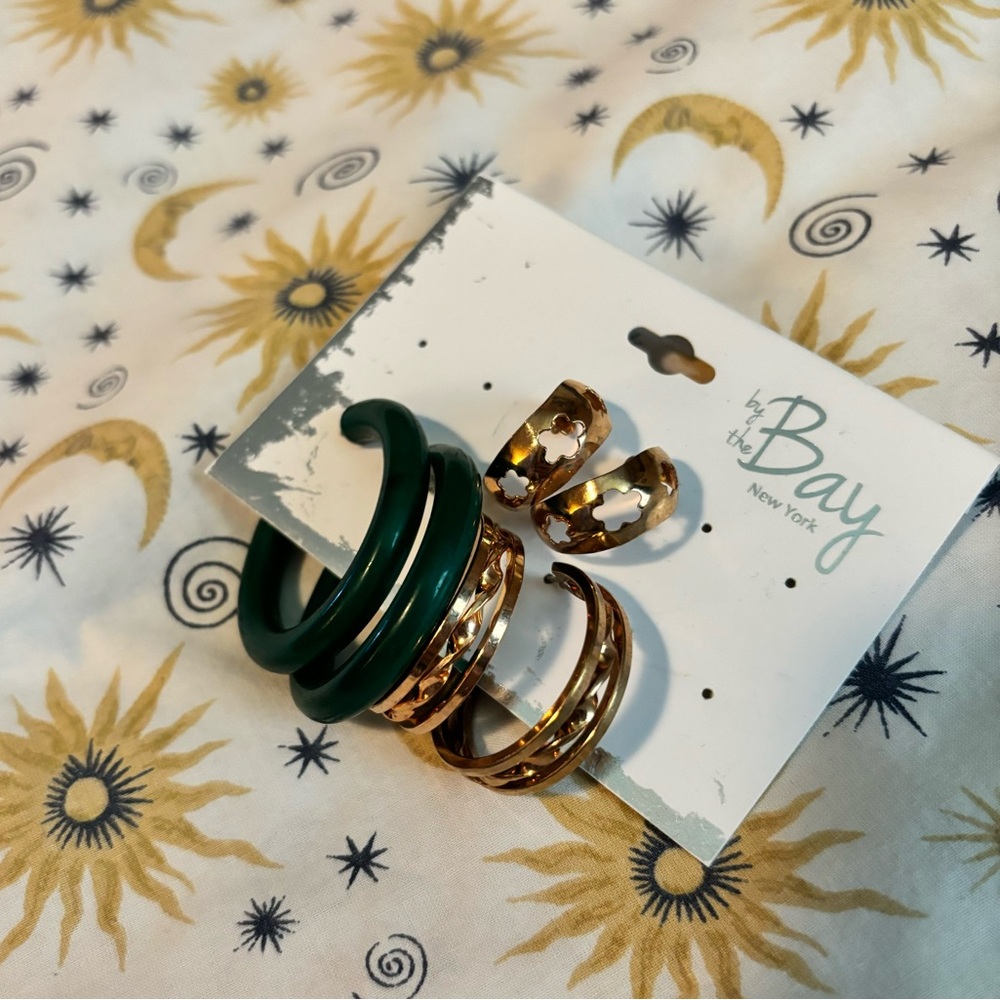 Chunky Gold and Green Hoop Earrings set of 3 pairs